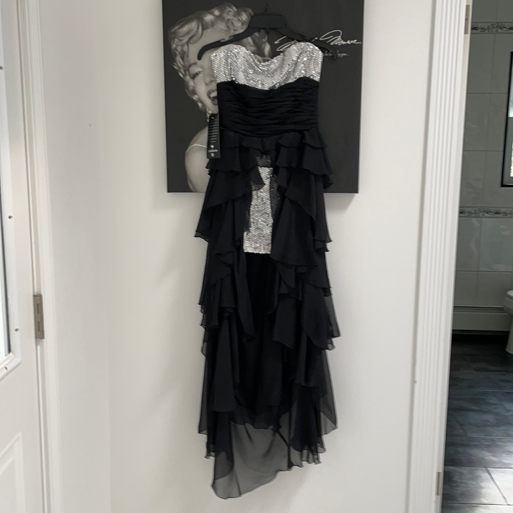 BeBe black and silver ruffle gown size small NWT
